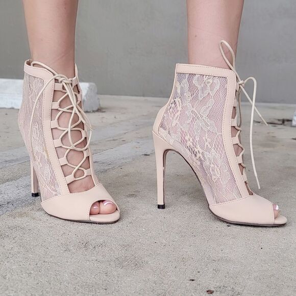 Women Ankle Open Toe High Heel Booties Lace Up Nude Color - Picture 6 of 6